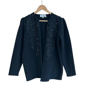 Vintage 90s Magnolia Black Beaded Applique Cardigan Lambswool Angora Sz S